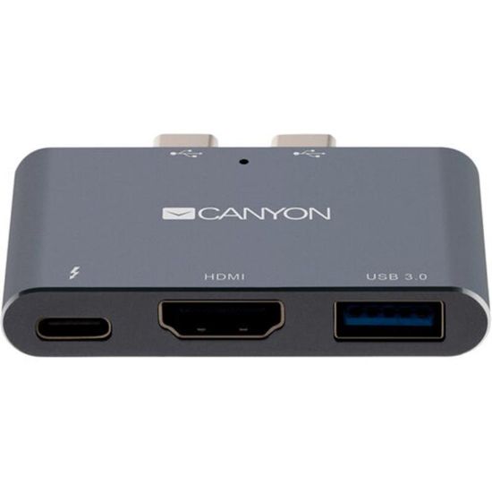  Зображення CANYON DS-1, Multiport Docking Station with 3 port, with Thunderbolt 3 Dual type C male port, 1*Thunderbolt 3 female+1*HDMI+1*USB3.0. Input 100-240V, Output USB-C PD100W&USB-A 5V/1A, Aluminium alloy, Space gray, 59*35.5*10mm, 0.028kg 