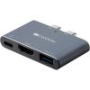  Зображення CANYON DS-1, Multiport Docking Station with 3 port, with Thunderbolt 3 Dual type C male port, 1*Thunderbolt 3 female+1*HDMI+1*USB3.0. Input 100-240V, Output USB-C PD100W&USB-A 5V/1A, Aluminium alloy, Space gray, 59*35.5*10mm, 0.028kg 