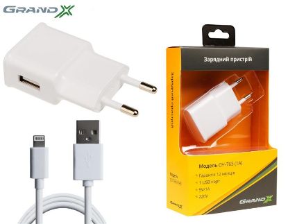  Зображення Мережевий зарядний пристрій Grand-X (1xUSB 1A) White (CH765LTW) + кабель Lightning 