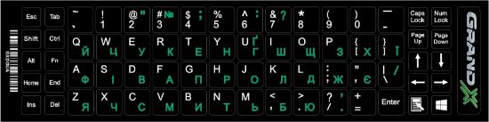  Зображення Наклейка на клавіатуру Grand-X 68 keys UA green, Latin white (GXDGUA) 
