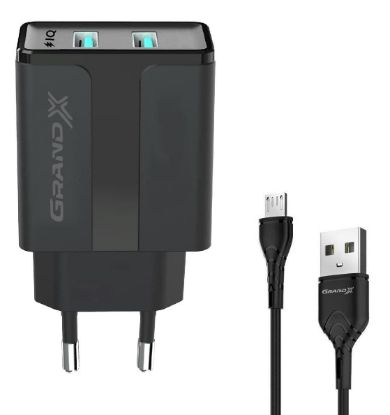  Зображення Зарядний пристрій Grand-X CH-15UMB (5V/2,1A + DC cable 2,4А USB -> Micro USB 1m) Black (CH-15UMB) 