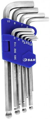  Зображення Набір ключів шестигранних S&R CR-V подовжених з шарніром 1,5-10 мм 10 шт (365302110) 